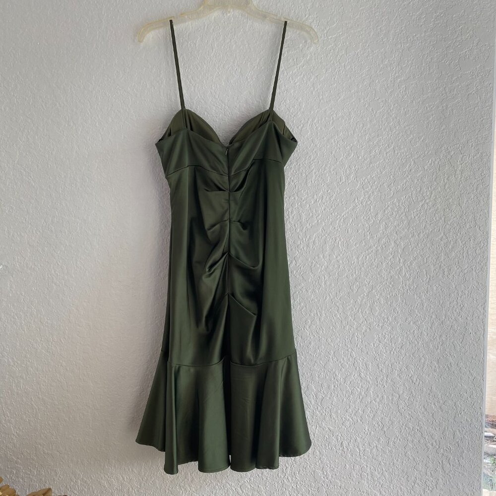 Xscape Petite 14P Satin Olive Green Mermaid Cocktail Dress Jeweled Spaghetti - Picture 10 of 10